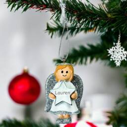 Personalised Cute Silver Girl Angel Christmas Tree Decoration With Name - Bauble Ornament