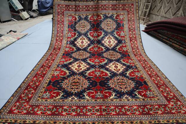 7x10 Kazak Area Rug - Navy Blue Geometric Floral Design Hand Knotted Organic Dyes Wool Oriental Afghan Large For Living Room - image 1