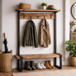 Industrial Hallway Bench Coat Rack Reclaimed Wood, Steel Frame, Entryway Storage - thumbnail 3