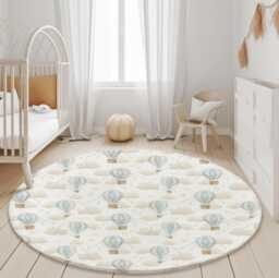 Multiple Hot Air Balloons - Blue, Baby Blue Carpet, Kids Decor, Children's Room Decor, Kids Rug, Balloon Decor - thumbnail 1