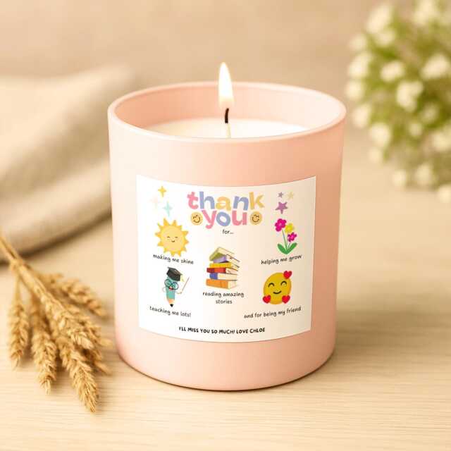 Thank You Teacher Candle - Personalised End Of Term Gift For Nursery Or Primary Cute Icon With Message Pink Soy Wax Jar - image 1