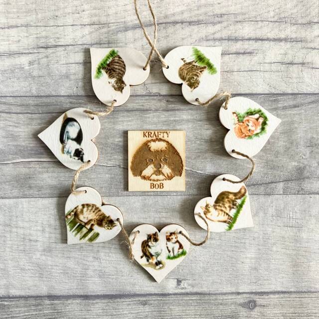 Cat Garland, Wooden Heart Bunting For Animal Lover, Gifts, Feline Wall Decoration - image 1