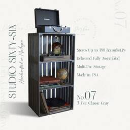 3-Tier Record Player Stand With Storage, Solid Wood Turntable For Vinyl Records - Antique Gray - thumbnail 3
