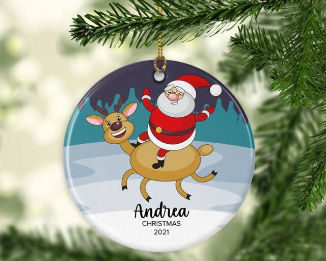 Personalised Santa & Deer Christmas Ornament Ceramic Or Mdf Acrylic Bauble, Custom Hanging Disc For Xmas Tree, Customisable Keepsake - image 1