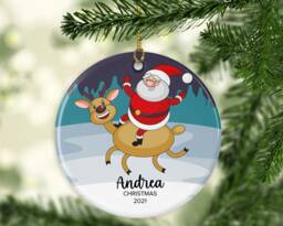 Personalised Santa & Deer Christmas Ornament Ceramic Or Mdf Acrylic Bauble, Custom Hanging Disc For Xmas Tree, Customisable Keepsake - thumbnail 1