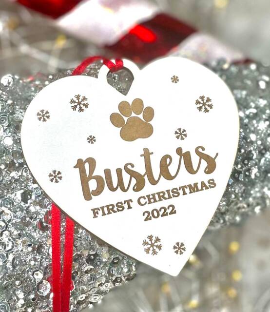Personalised White Heart Pet Dog, Puppys 1st Christmas, First Christmas Tree Decoration Pawprint Bauble Gift 2024, Dog Decoration, Pet Gift - image 1