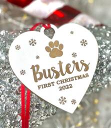 Personalised White Heart Pet Dog, Puppys 1st Christmas, First Christmas Tree Decoration Pawprint Bauble Gift 2024, Dog Decoration, Pet Gift - thumbnail 1