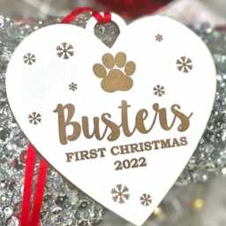 Personalised White Heart Pet Dog, Puppys 1st Christmas, First Christmas Tree Decoration Pawprint Bauble Gift 2024, Dog Decoration, Pet Gift - thumbnail 2