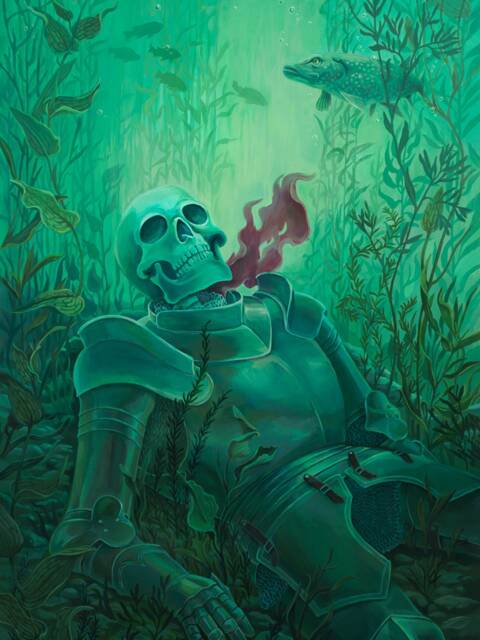 Underwater Knight 18x24 Print - Skull Skeleton Medieval Sunken Armor Hero Lake Fish Dark Fantasy Acrylic Painting Art Reproduction Colorful - image 1