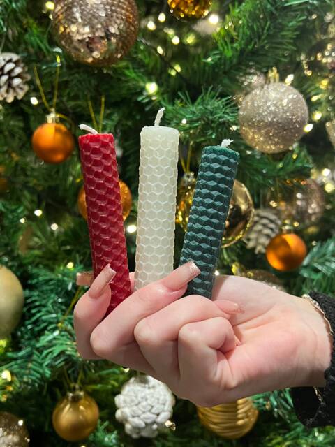 Yule Spell Candle Set Hand Rolled Beeswax, Winter Solstice Ritual - image 1
