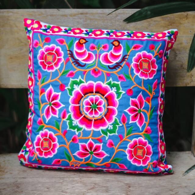 Blue Silkworm Handcrafted Hmong Embroidered Pillow Cover, Thai Floral Cushion - Cs101Bluw - image 1