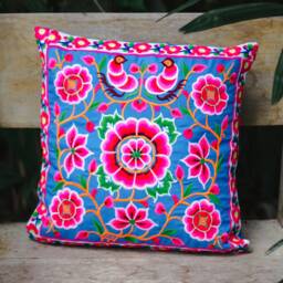 Blue Silkworm Handcrafted Hmong Embroidered Pillow Cover, Thai Floral Cushion - Cs101Bluw - thumbnail 1