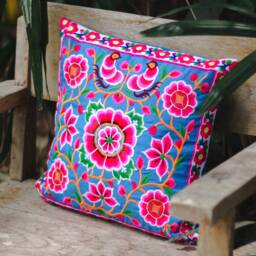 Blue Silkworm Handcrafted Hmong Embroidered Pillow Cover, Thai Floral Cushion - Cs101Bluw - thumbnail 2