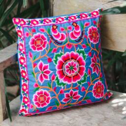 Blue Silkworm Handcrafted Hmong Embroidered Pillow Cover, Thai Floral Cushion - Cs101Bluw - thumbnail 3