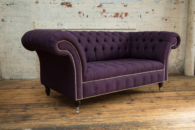 2 Seater Aubergine Purple Wool Chesterfield Sofa, British Handmade - image 1