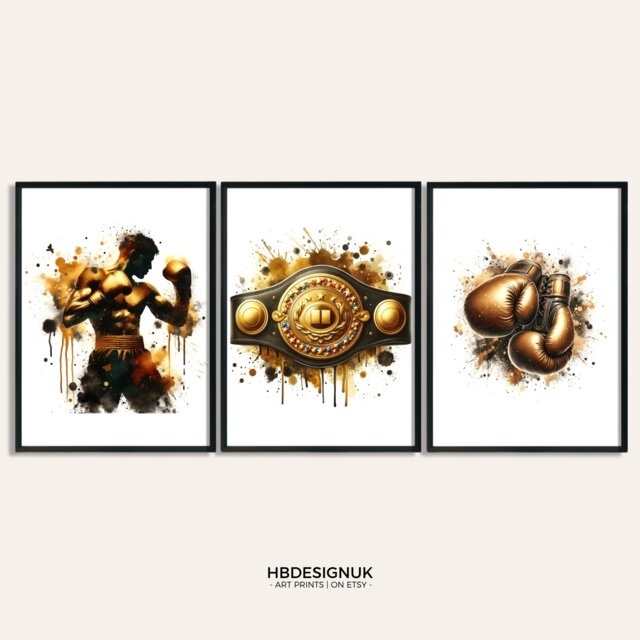 Boxing Poster Prints - Set Of 3 Boxer Posters - Gold Watercolour Wall Art Fight Gifts For Men Boys Bedroom Artwork Decor - image 1