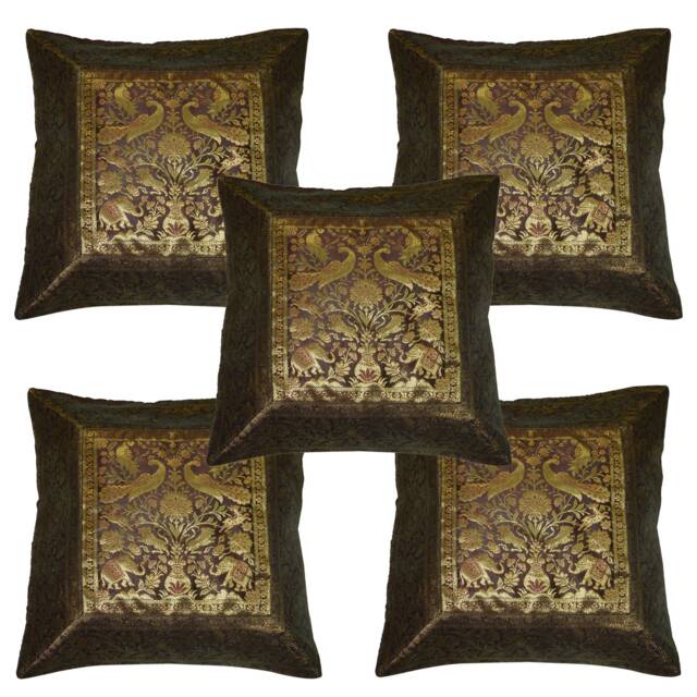 Indian Silk Banarsi Brocade Work Cushion Cover Handmade Peacock Elephant Pillow Boho Chic Bohemian Throw Home Decor Pillowcases - image 1