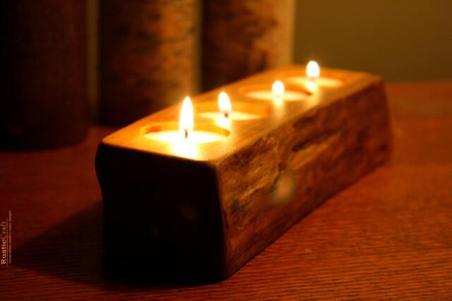 Rustic Wood Tea Light Holder - 4 Tealight, Personalized Gift - image 1
