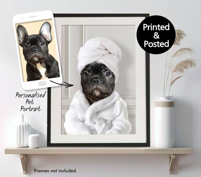 Custom Pet in A Bathrobe Portrait Print, Dogs & Cats With Towel On Head, Personalised Dog Art Animal Bathroom - image 1
