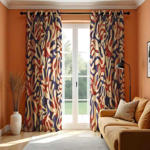 Abstract Coral Reef Curtains, Bold Modern Ocean Inspired Print Drapes, Navy Blue & Red Artistic Window Panels, Coastal Home Decor - image 1