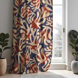 Abstract Coral Reef Curtains, Bold Modern Ocean Inspired Print Drapes, Navy Blue & Red Artistic Window Panels, Coastal Home Decor - thumbnail 3