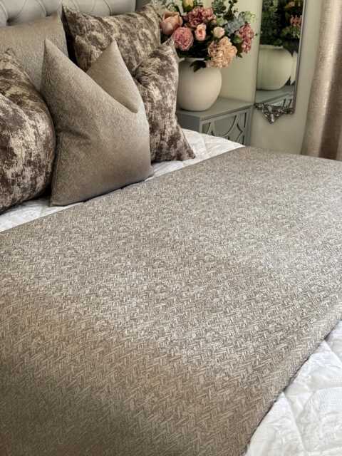 Elegant Taupe Gold Bed Runner Luxury Throw Scarf For Double, King Size Bed, Bedding Bedroom Decor, Home Interior, Herringbone Design - image 1
