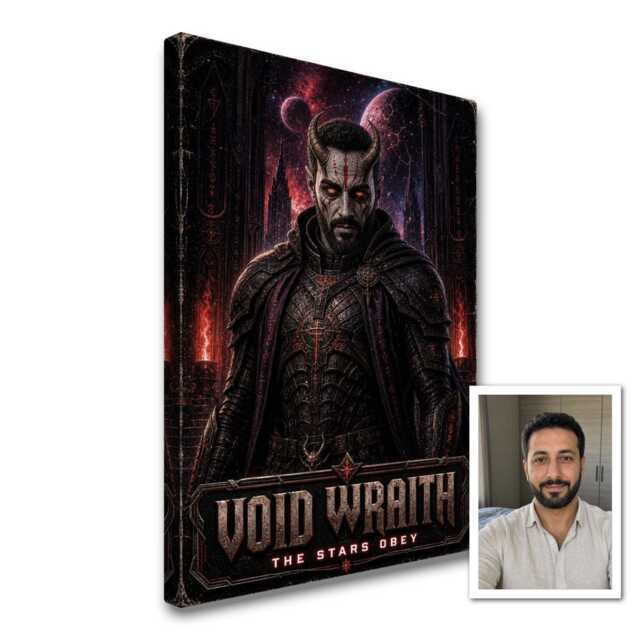 Personalised Dark Space Warrior Canvas From Photo, Custom Title Subtitle, Horned Sci-Fi Fantasy Wall Art Gift For Gaming Rooms & Offices - image 1
