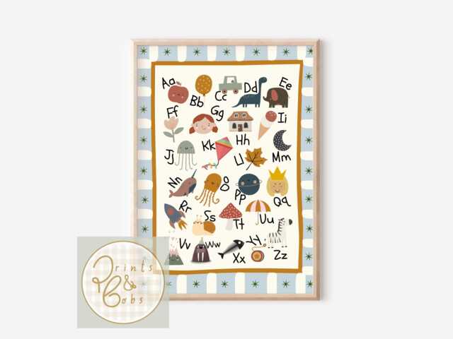Kids Educational Alphabet Print With Block Border. Gender Neutral Wall Art For A Playroom, Nursery Or Child's Room - Print Only - image 1