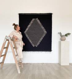 Wool Wall Hanging - Modern Fiber Art Black Diamond Tapestry Handwoven Minimalist Large Scandinavian Decor Unique