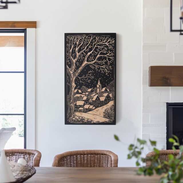 New Hampshire Winter Village Engraved Birch Wood Panel - Block Print Inspired Wall Art, Landscape Illustration Print, Linocut Style Art Gift - image 1