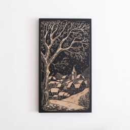 New Hampshire Winter Village Engraved Birch Wood Panel - Block Print Inspired Wall Art, Landscape Illustration Print, Linocut Style Art Gift - thumbnail 2