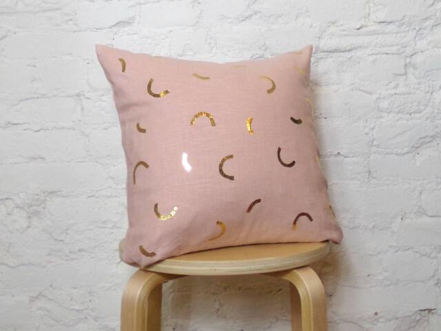 Blush Pink Linen Pillow Cover W Reflective Gold Print/Arch Wiggle Hand Printed Coral Rose Millennial Decorative Throw Cushion Bedding - image 1