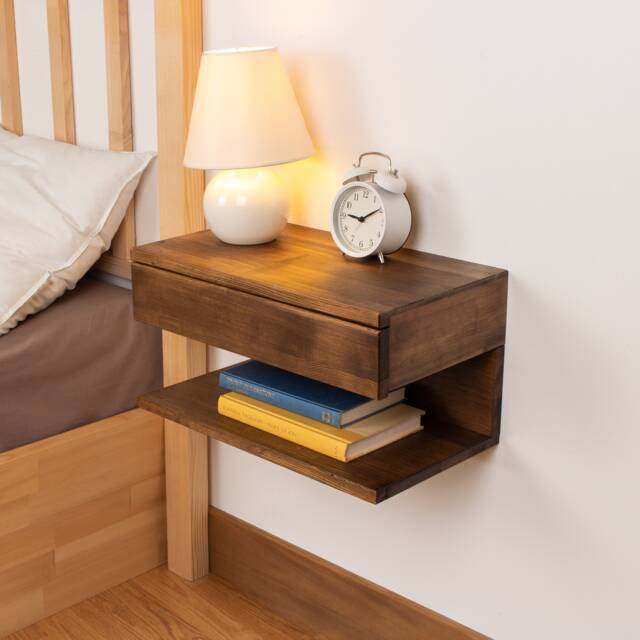 Walnut Colored Floating Nightstand - Wood Bedside Shelf With Drawer For Bedroom Handmade Table Gift Home - image 1