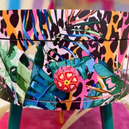 Tropical Wooden Side Table in Hot Pink, & Orange Leopard Print , Animal Floral Print. Round With Three Legs, Built Drawer - thumbnail 3