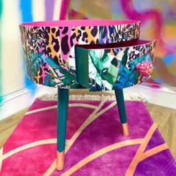 Tropical Wooden Side Table in Hot Pink, & Orange Leopard Print , Animal Floral Print. Round With Three Legs, Built Drawer - thumbnail 2