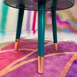 Tropical Wooden Side Table in Hot Pink, & Orange Leopard Print , Animal Floral Print. Round With Three Legs, Built Drawer - thumbnail 4