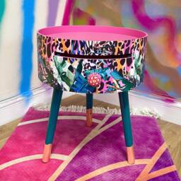 Tropical Wooden Side Table in Hot Pink, & Orange Leopard Print , Animal Floral Print. Round With Three Legs, Built Drawer