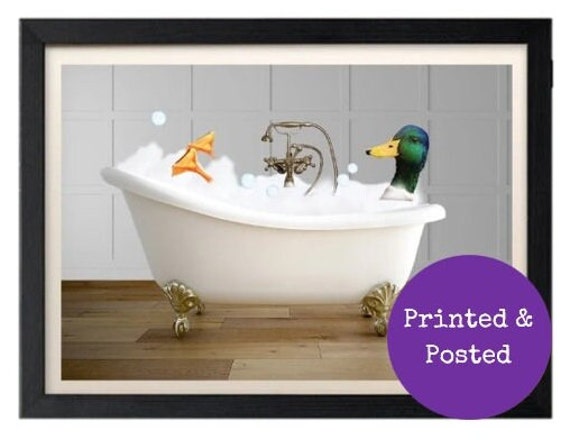 Duck in Bath Print - Funny Bathroom Wall Art Animal Bird Toilet Picture Vintage Bathtub Modern Quirky Sign Mallard