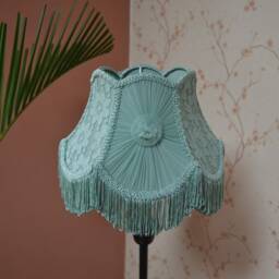 Turquoise Scallop Lampshade With Rayon Fringe Handmade Victorian Style - thumbnail 3
