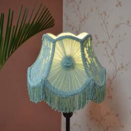 Turquoise Scallop Lampshade With Rayon Fringe Handmade Victorian Style - thumbnail 2