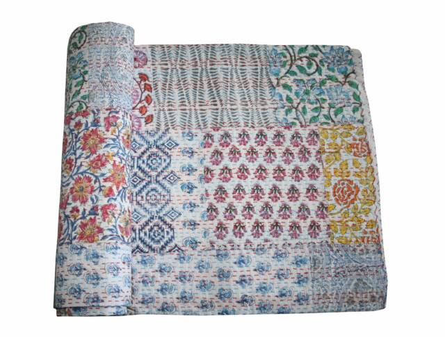 Handmade Block Print Cotton Kantha Quilt Blanket - 90x108 - image 1