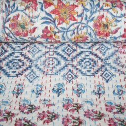 Handmade Block Print Cotton Kantha Quilt Blanket - 90x108 - thumbnail 2