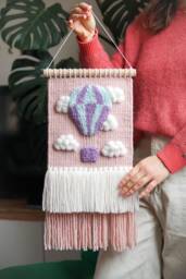 Pink Hot Air Balloon Woven Wall Hanging Merino Wool Nursery Decor - thumbnail 1