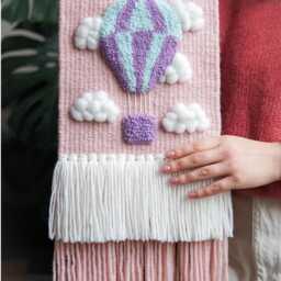 Pink Hot Air Balloon Woven Wall Hanging Merino Wool Nursery Decor - thumbnail 2