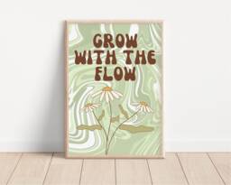 Grow With The Flow Daisy Print - Y2K Decor 90S Decor, Pastel Aesthetic Swirls, Trendy Uni Dorm Retro, Floral Flowers, Hippie Boho Art - thumbnail 1