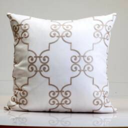 Embroidered Scroll Pillow Cover, Gold Tan On White, Designer Decorative - thumbnail 3