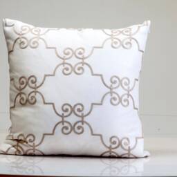 Embroidered Scroll Pillow Cover, Gold Tan On White, Designer Decorative - thumbnail 1