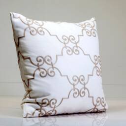 Embroidered Scroll Pillow Cover, Gold Tan On White, Designer Decorative - thumbnail 2
