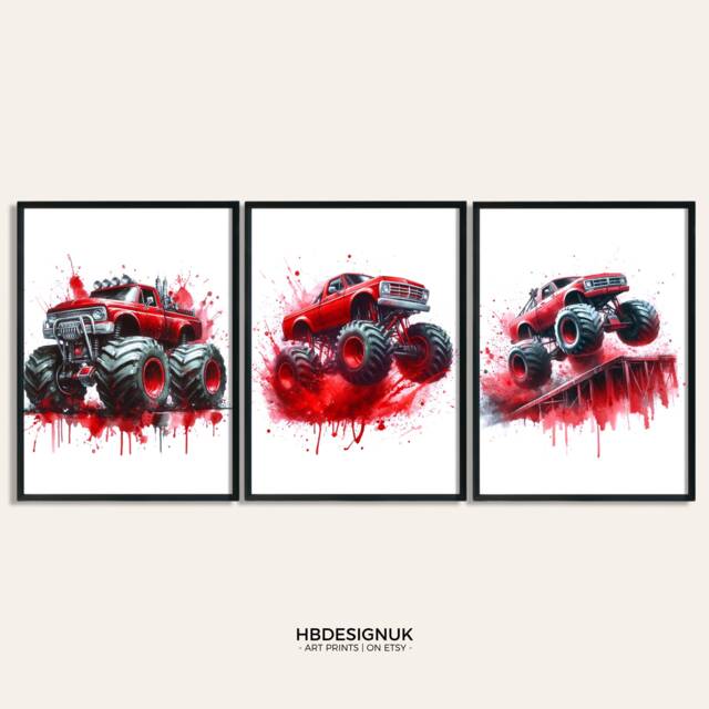 Red Monster Truck Poster Set - Kids Bedroom Artwork - Of 3 Prints Car Wall Art Boys Room Home Decor Boy Trucks Picture Hanging - image 1