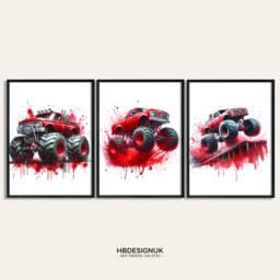 Red Monster Truck Poster Set - Kids Bedroom Artwork - Of 3 Prints Car Wall Art Boys Room Home Decor Boy Trucks Picture Hanging - thumbnail 1